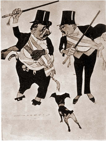 Caricatura alusiva a la actitud independiente de Crotto como gobernador frente a la autoridad política de Yrigoyen en un dibujo de Alonso para la revista Caras y Caretas.